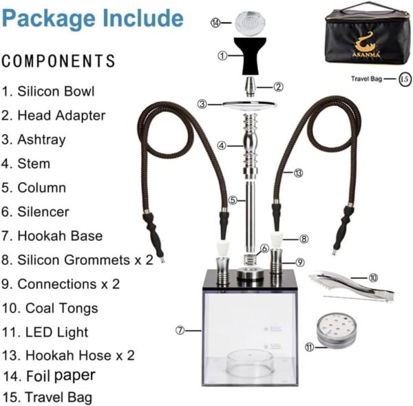 2 Hose Hookah Set With Travel Case Clean Brush, Micro Cube Acrylic Hookah with Silicone Hookah Bowl 2 Leather Hose Foil Sheet Coal Tongs Magical Remote LED Light for Better Shisha Narguile Smoking - Image 3