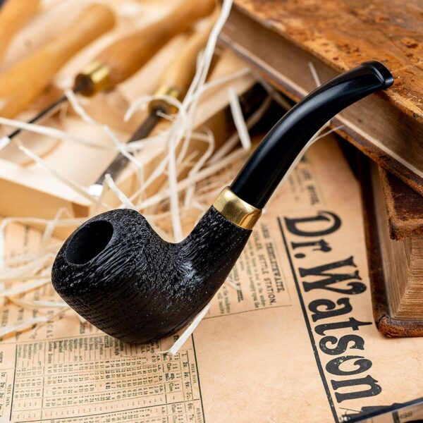 Dr. Watson - Wooden Tobacco Pipe, classic Bent Dublin shape, Fits 9mm filter, Comes with Pouch, Boxed (Rusticated) - Image 7