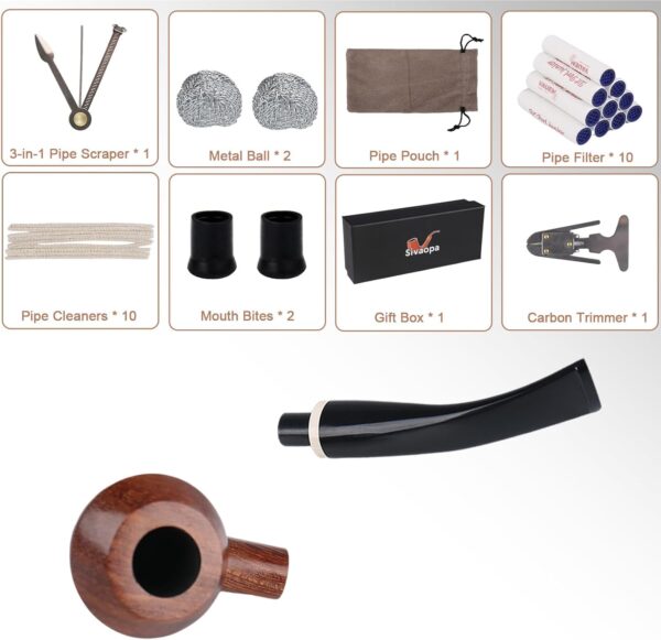 Rosewood Tobacco Pipe Set – Handmade Wooden Pipe with Bent Stem, Cleaning Accessories & Gift Box – Classic Gentleman’s Collectible for Beginners & Collectors - Image 4