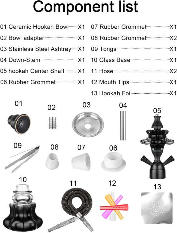 Hookah Set With Everything 14'' Shisha Hookah Complete Set - Glass Flower Vase, Ledther Hose, Foils, HookahTips, Ceramic Bowl, Coal Tong (Black) - Image 2