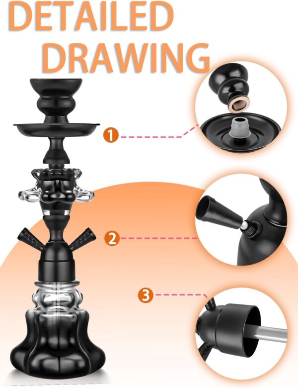 Hookah Set With Everything 14'' Shisha Hookah Complete Set - Glass Flower Vase, Ledther Hose, Foils, HookahTips, Ceramic Bowl, Coal Tong (Black) - Image 4