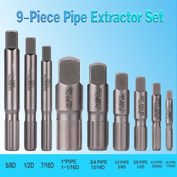 Pipe Extractor Set, 9-Piece Heavy Duty Steel Broken Pipe Extractors for Removing Damaged Threaded Pipes & Fittings from 1/8" to 1", with Durable Storage Case, Ideal Tools for Plumbers Mechanics DIY - Image 2