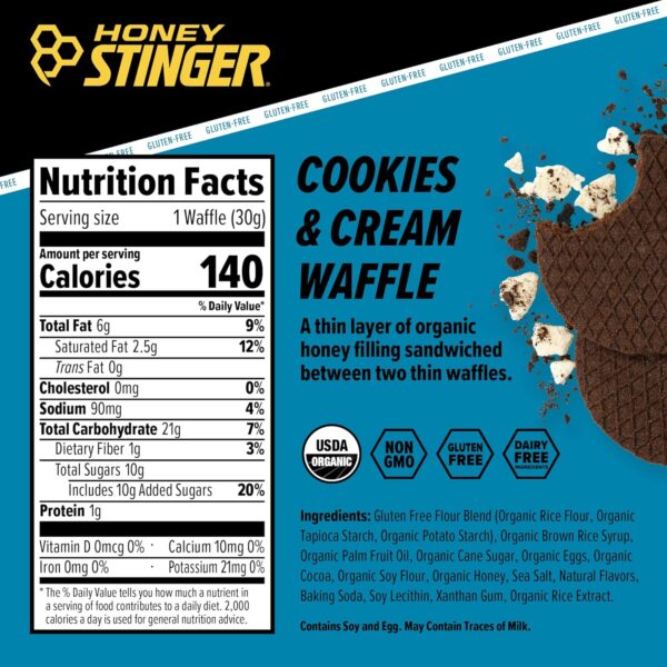 Honey Stinger Organic Gluten Free Cookies & Cream Waffle, Energy Stroopwafel for Exercise, Endurance and Performance, Sports Nutrition for Home & Gym, Pre & During Workout, 16 Waffles, 16.96 Ounce - Image 2