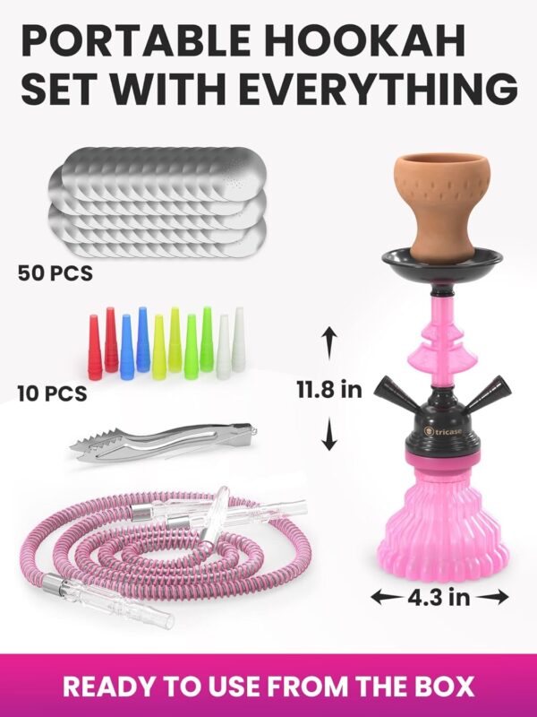 Pink Hookah Set 2 Hose Hookah – LilOne 12” Pink Sisha Set with Prepunched Foil, Hooka Bowl, Disposable Tips, Mouthpiece, Tongs, Portable Hooka Pipe - Mini Sisha Machines - Image 3