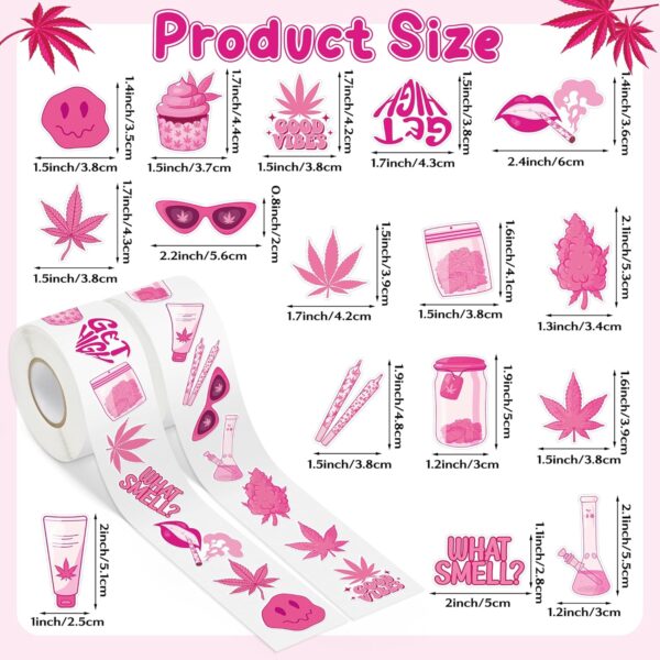 Weed Marijuana Stickers for Adult - 2 Rolls 1000pcs Pink Glitter Weed Decal Decorations, Cute Leaf Vinyl Sticker Label for Laptop Water Bottle Car Luggage Skateboard Party Decor Gift (Pink) - Image 2