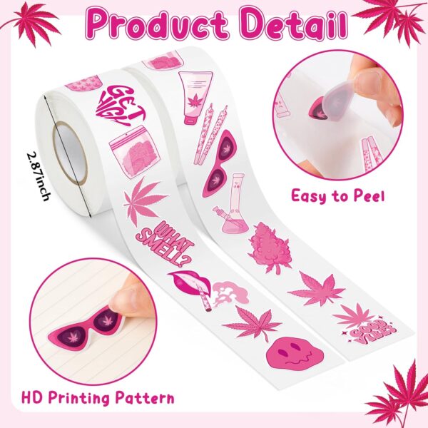 Weed Marijuana Stickers for Adult - 2 Rolls 1000pcs Pink Glitter Weed Decal Decorations, Cute Leaf Vinyl Sticker Label for Laptop Water Bottle Car Luggage Skateboard Party Decor Gift (Pink) - Image 3