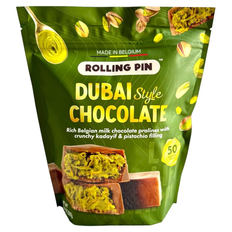 DUBAI CHOCOLATE Rich milk chocolate pralines with crunchy kadayif & pistachio filling MADE IN BELGIUM