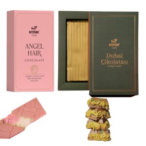 Angel Hair & Dubai Chocolate Gift Box – Kunafa Pistachio 200g + Chocolate Cotton Candy Bar 170g – Luxury Assorted Sweets with Strawberry & Pistachio – Holiday, Birthday, Celebration Treat (1-Pack)
