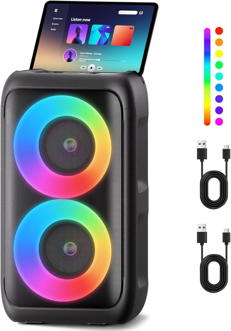 Bluetooth Speaker with 2 Rechargeable Wireless Microphone - Portable Party Speaker with Colorful Lights - 80W (Peak) Floorstanding Speakers Support TWS/AUX/USB/TF Card Ideal for Party,Home,Camping