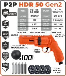 Umarex T4E P2P HDR 50 GEN 2 Self & Home Defense, Less Lethal .50 Cal Paintball Pistol Orange Limited Edition with 5X Mag .50 Cal, 5x12 g CO2 Tanks and Pack of 100x .50 Cal Black Rubber Balls Bundle