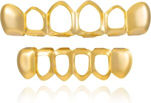 Grillz - Gold & Silver 6/8 Teeth Top & Bottom Grillz Set for Men and Women, 14K Gold Plated Teeth Caps for Halloween Costume Accessories