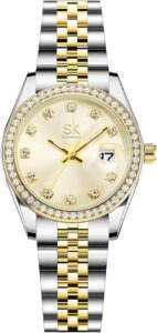 SHENGKE Women's Crystal Accented with Solid Alloy Steel Band Watch Elegant Dress Quartz Calendar Watches for Women