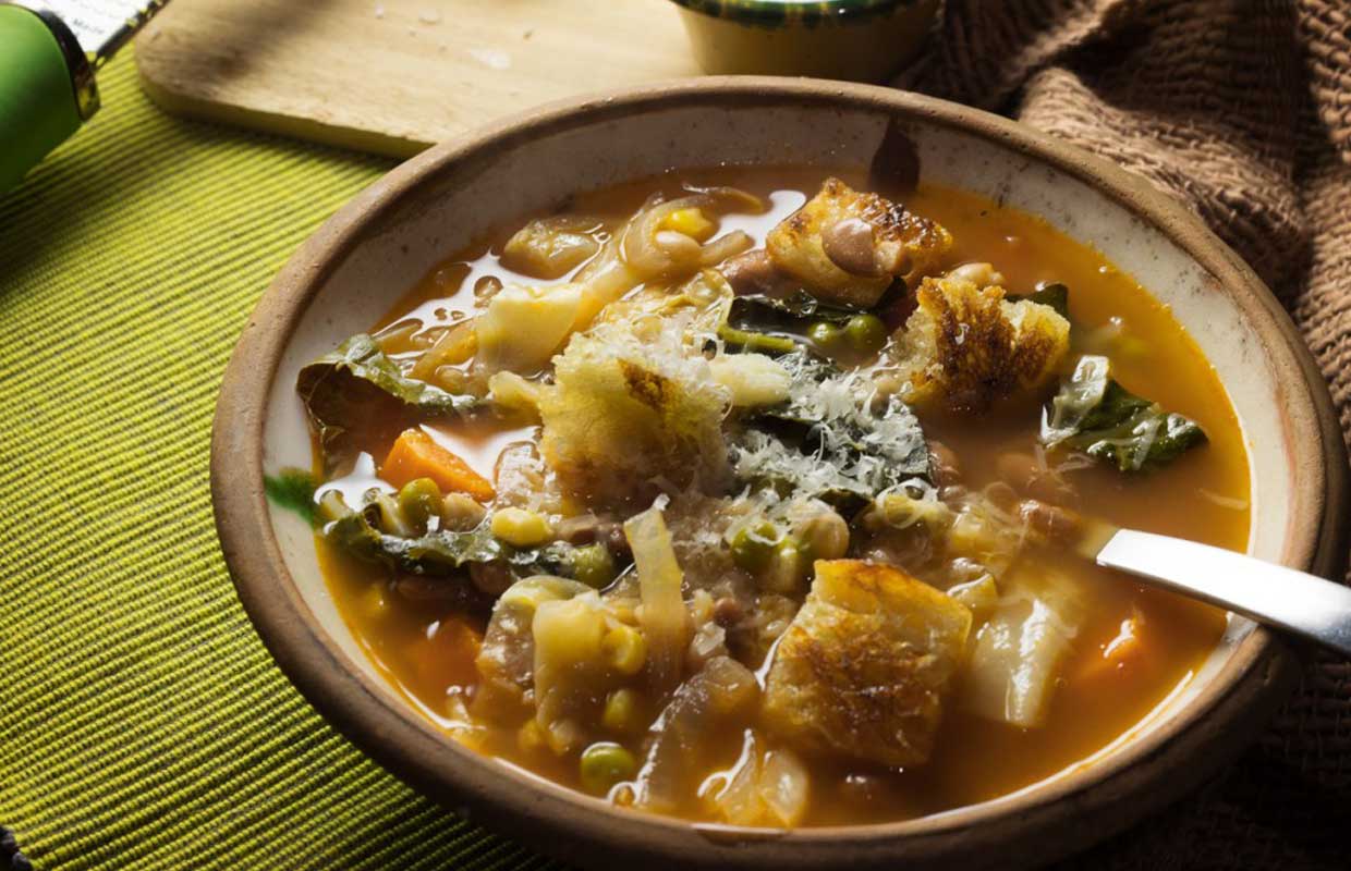 Vegetable Soup in Brown Bowl with Medicated Croutons