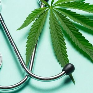a stethoscope and marijuana leaf representing medical cannabis