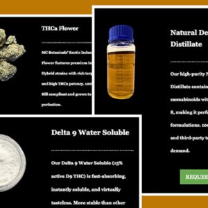 A sales email from a company not located in Massachusetts features THC products for sale, including distillate and water-soluble powder.