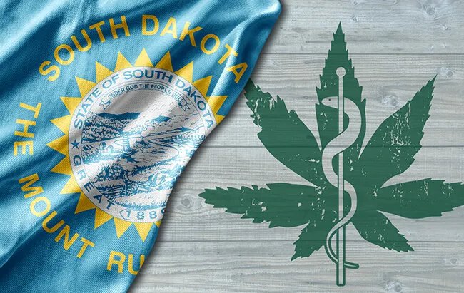 South Dakota flag pulls back to reveal a medical cannabis symbol