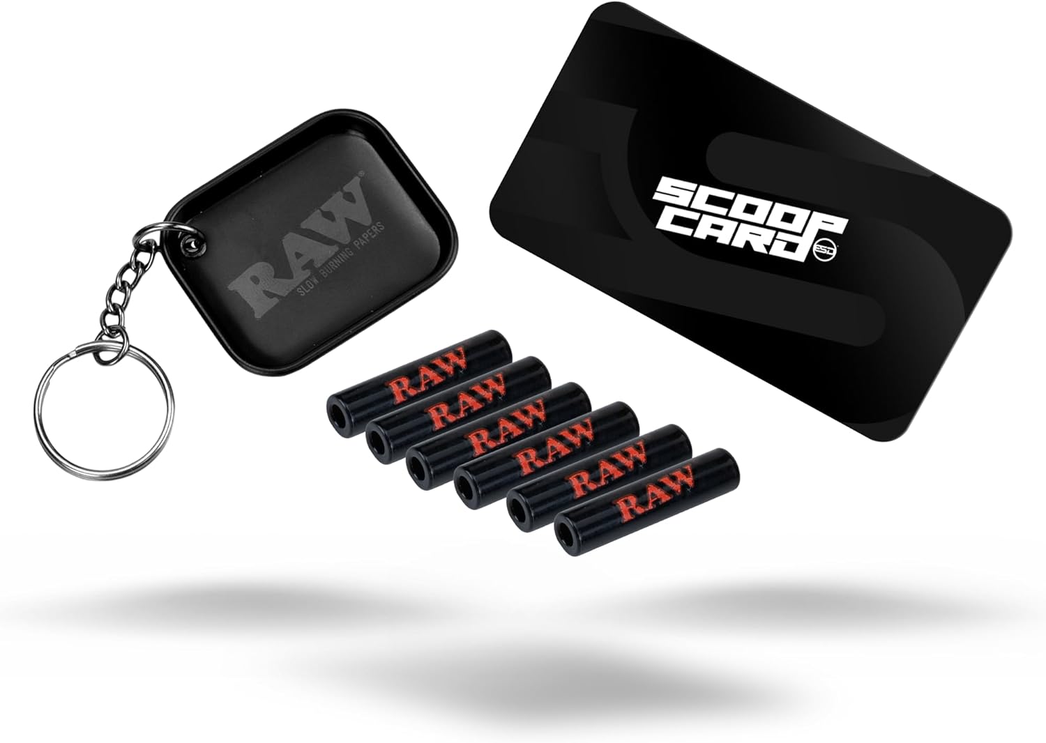 RAW Black Glass Rolling Tips – 6 Pack + Limited Edition RAW Tiny Matte Black Murder’d Tray Key Chain and Scoop Card – Reusable, Heat-Resistant, Premium Design
