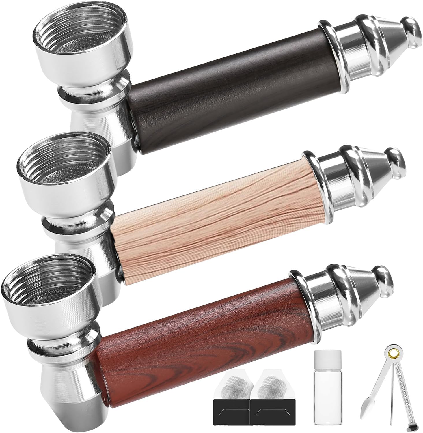 3pc Short Realistic Wood Grain Tobacco Pipe,Wooden Classic Texture Smoking Pipes,With Cleaner Tamper Tool Black Bag