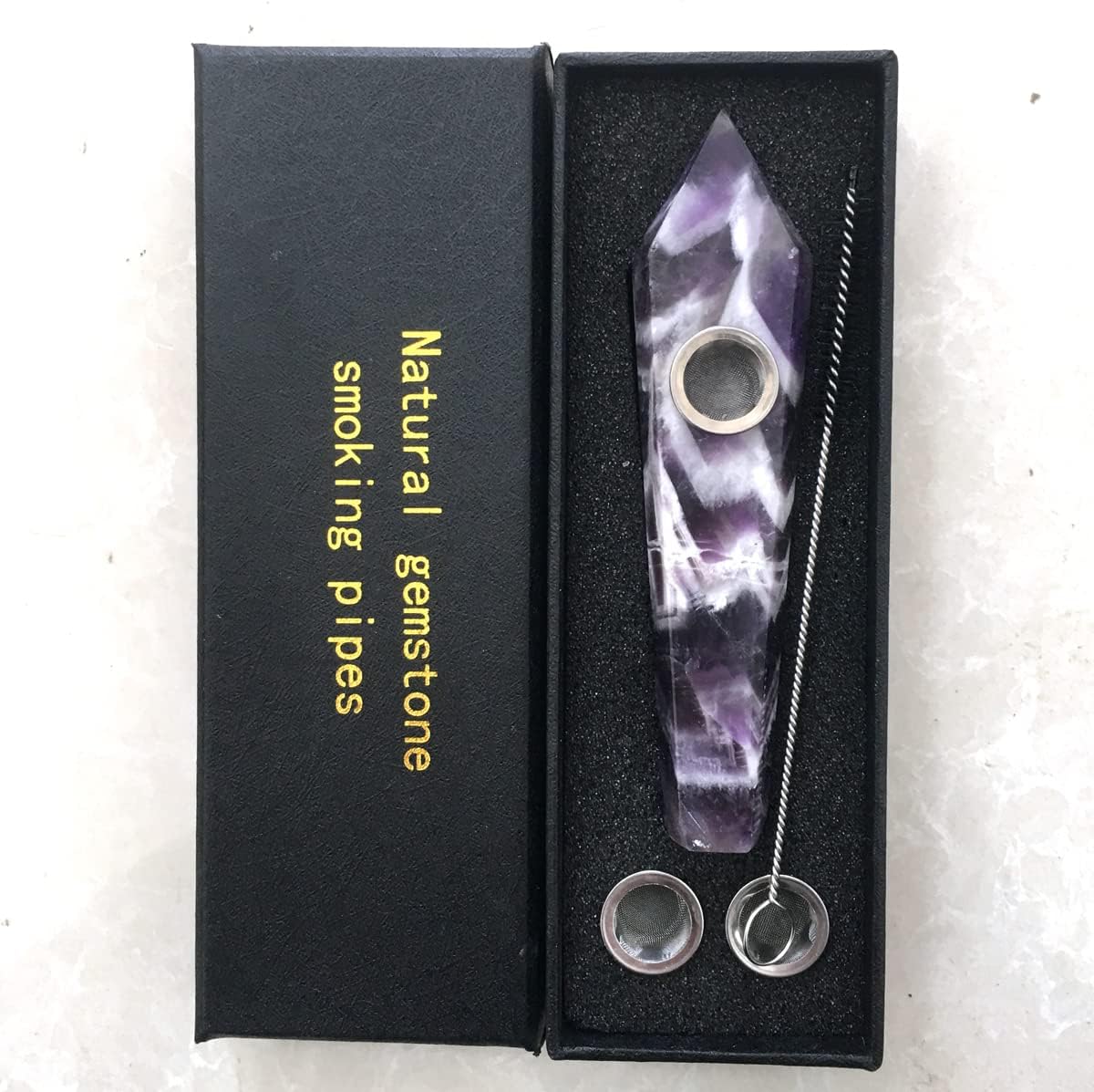 Natural Dream Amethyst Crystal Point Pipe with Metal Screen, Dream Amethyst Tower，Purple and White Multi-Color,crystal gift