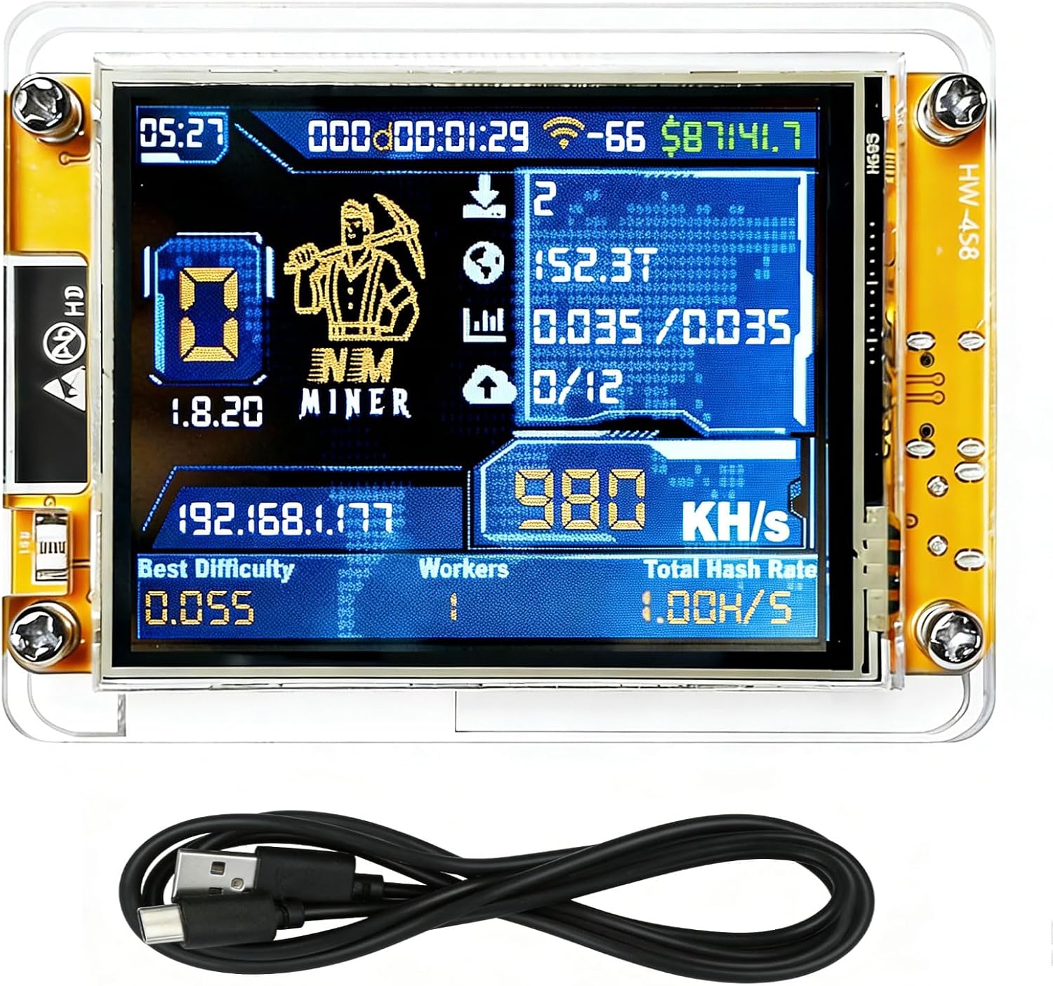 NM Bitcoin Miner, 980KH/S, 2.8″ Smart Screen BTC Solo Crypto Mining Machine, Energy-Saving for Home Office Use