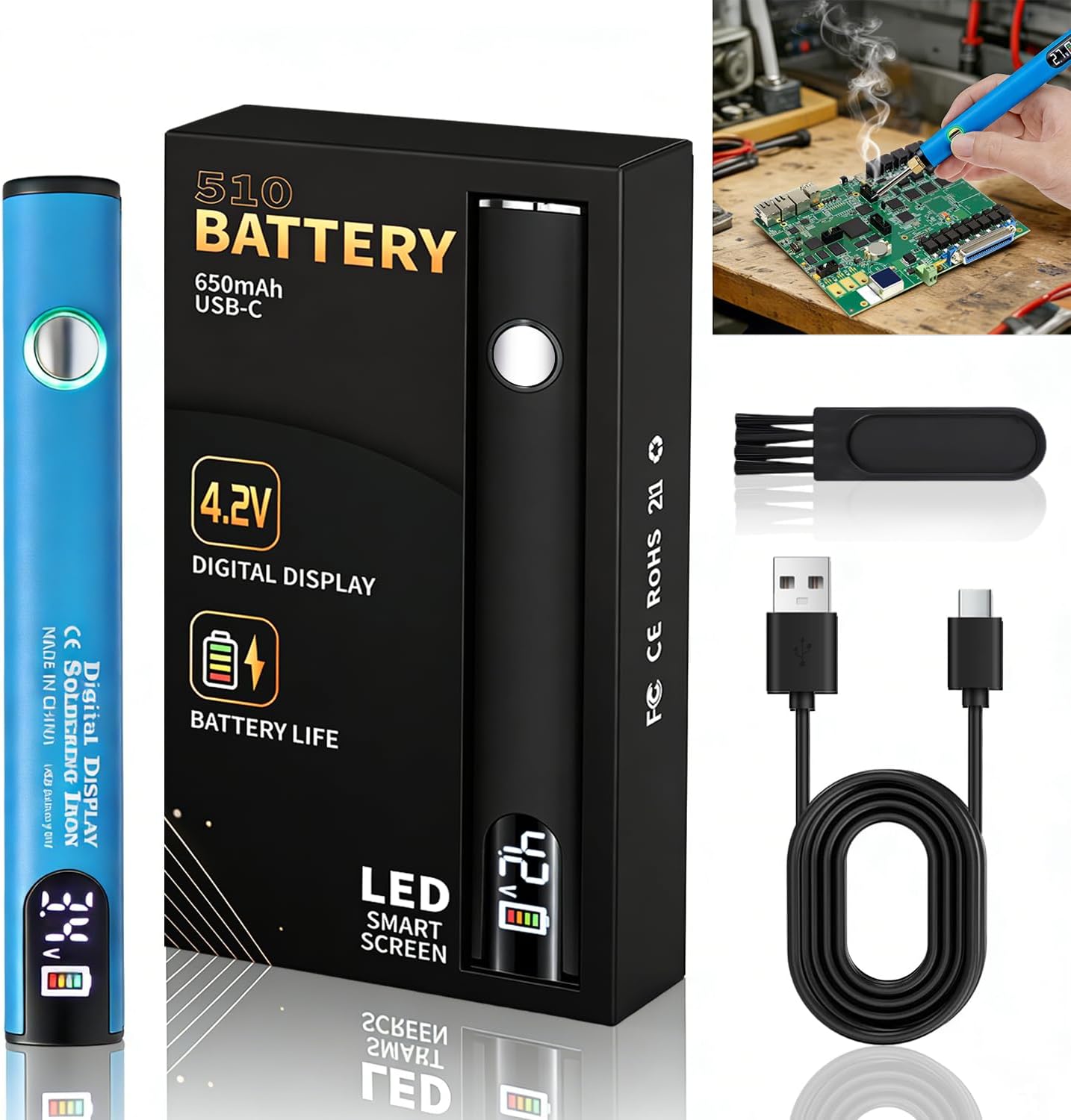 Cordless Soldering Iron Kit, Rechargeable Cartridge Battery Pen, 3-Temp Heating, Thread Burner Pen, 510 Thread Universal Connector, for Knitting, Leather Crafts, Sewing, Weaving, Wax/Wood Carving