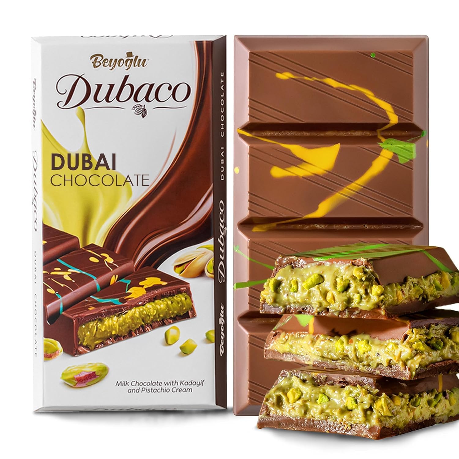 Beyoglu Dubaco Dubai Chocolate Bar Pistachio 3.36 Oz (Pack of 1), Luxury & Premium Dubai Milk Chocolate Bar Filled with Pistachio Butter & Shredded Knafeh Kadayif