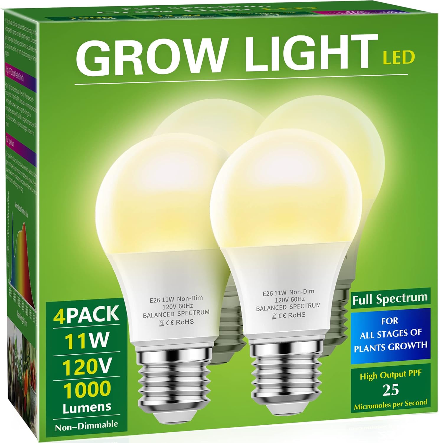 Briignite 4 Pack Grow Light Bulbs, LED White Bulb A19 Bulb, Full Spectrum Plant Bulbs E26 Base, 11W 100W Equivalent, for Indoor Plants, Seed Starting
