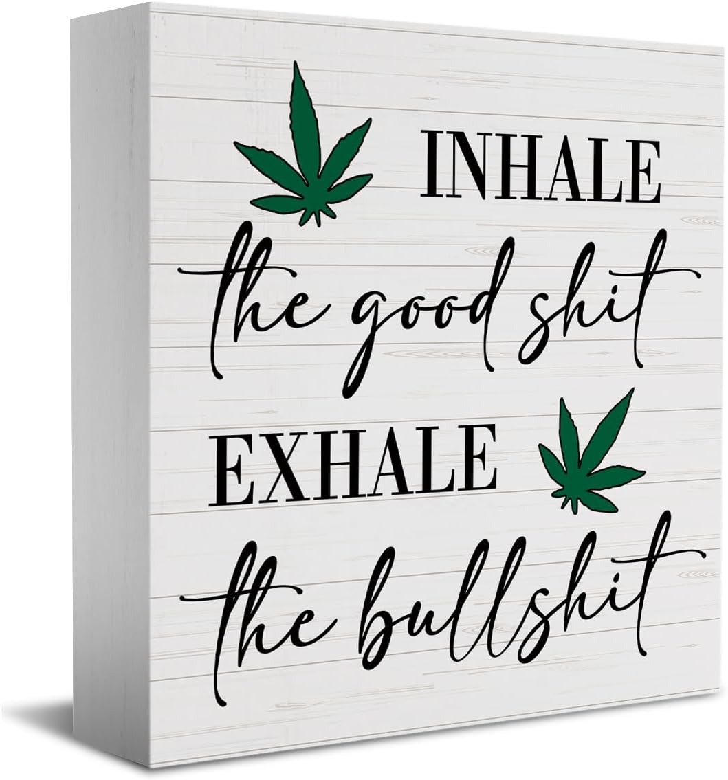 Inspirational Quotes Sign Funny Desk Decor Wooden Box Sign Decor Rustic Wood Block Plaque Box Sign for Home Farmhouse Office Kitchen Bathroom Shelf Table Decoration Inhale Exhale Sign