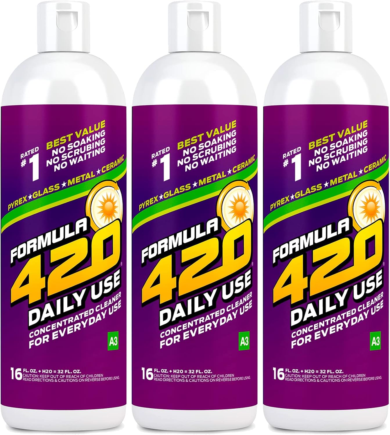 3 Pack – Formula 420 Daily Use Concentrated 16oz. Makes 32oz. Glass, Pyrex, Metal and Ceramic Cleaner