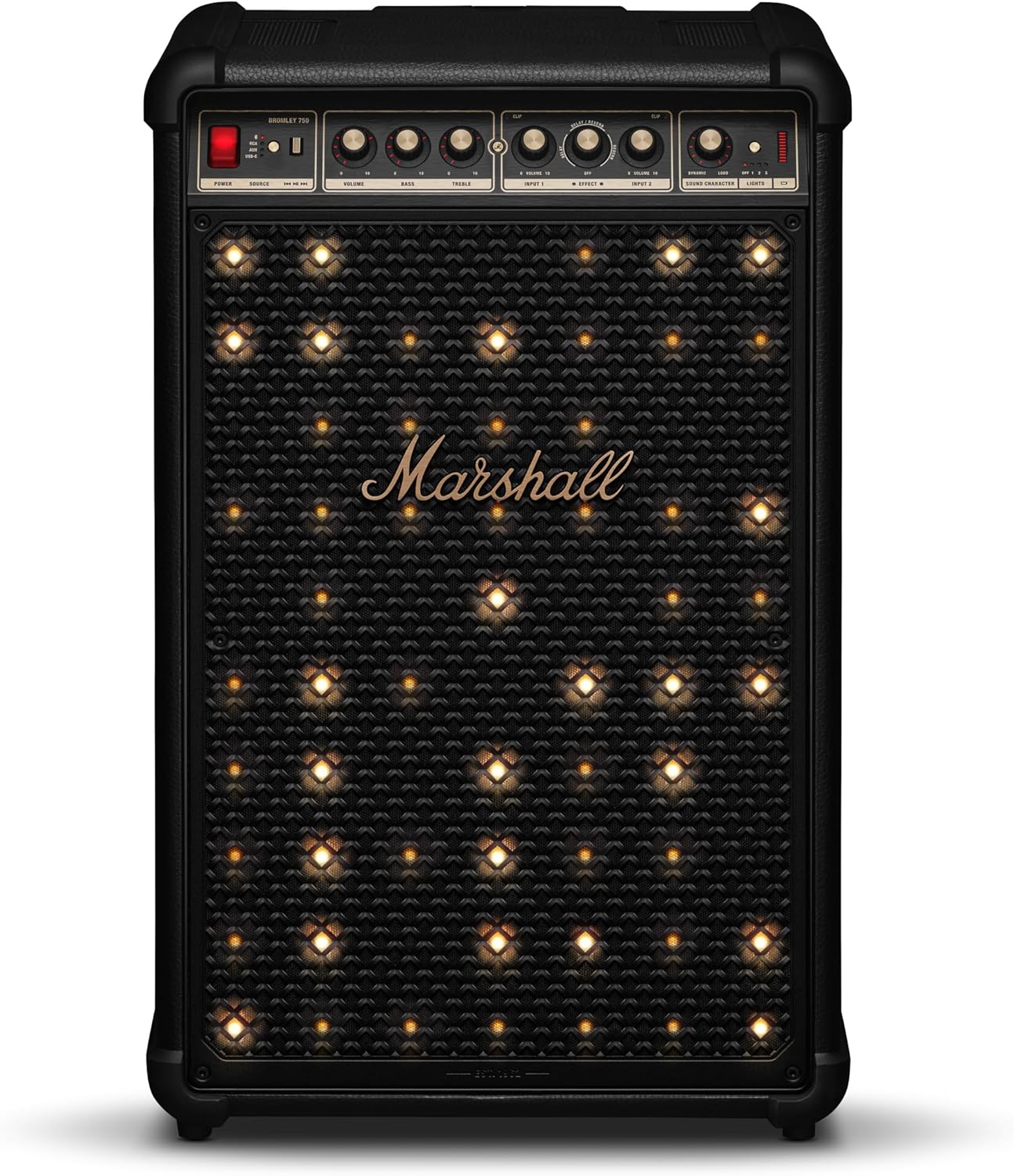Marshall Bromley 750 Portable Wireless Party Speaker – Loud Stereo Sound with Bass and Treble Controls | Bluetooth, 3.5 mm Aux, RCA, Microphone, Instrument Inputs | LED Lights – Black and Brass