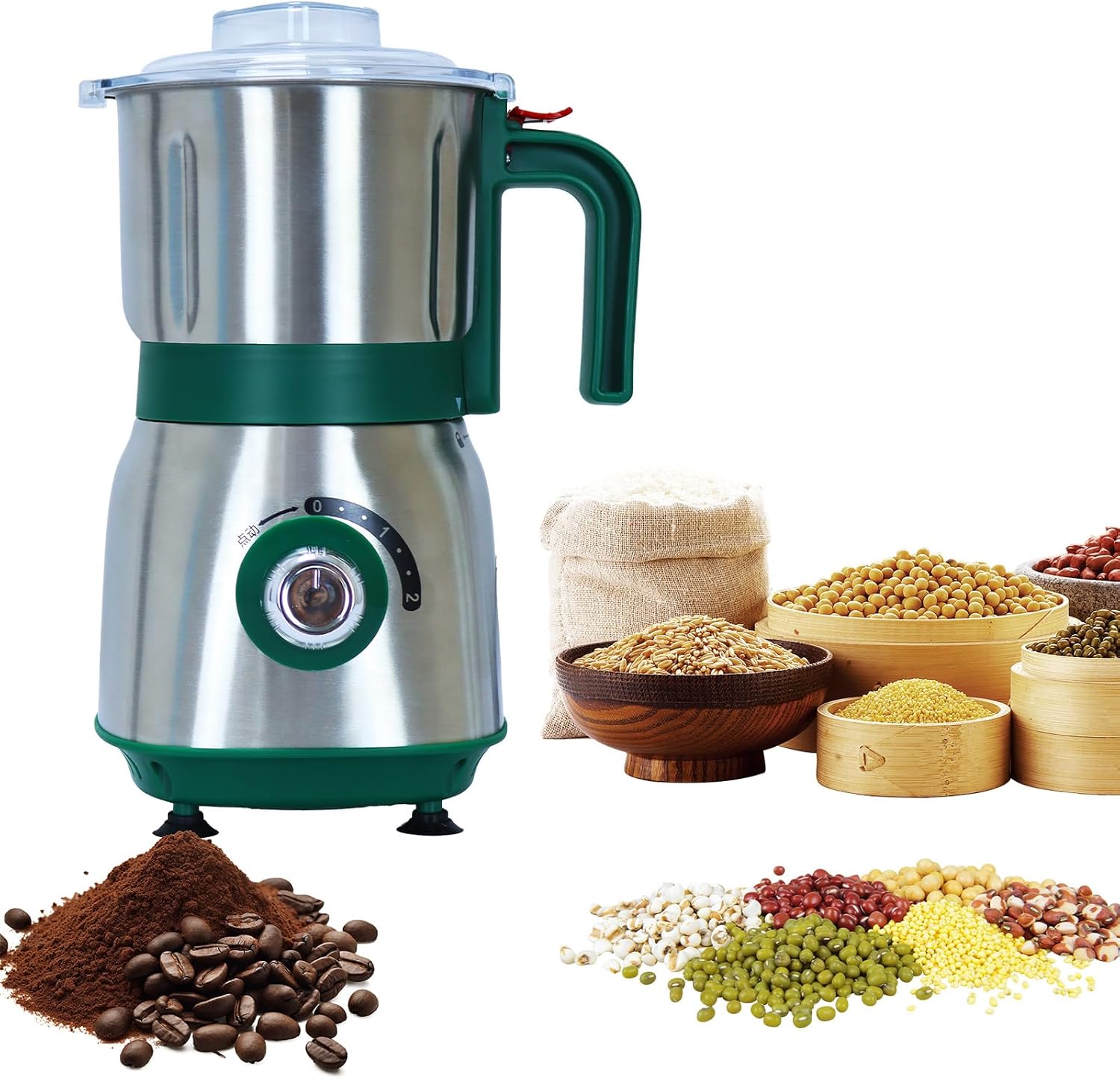 Electric Spice and Nut Grinders – 3 Stainless Steel Blades, 1 Filter, 1 Brush – 500W Grinder for Kitchen, Dry Use (Green)