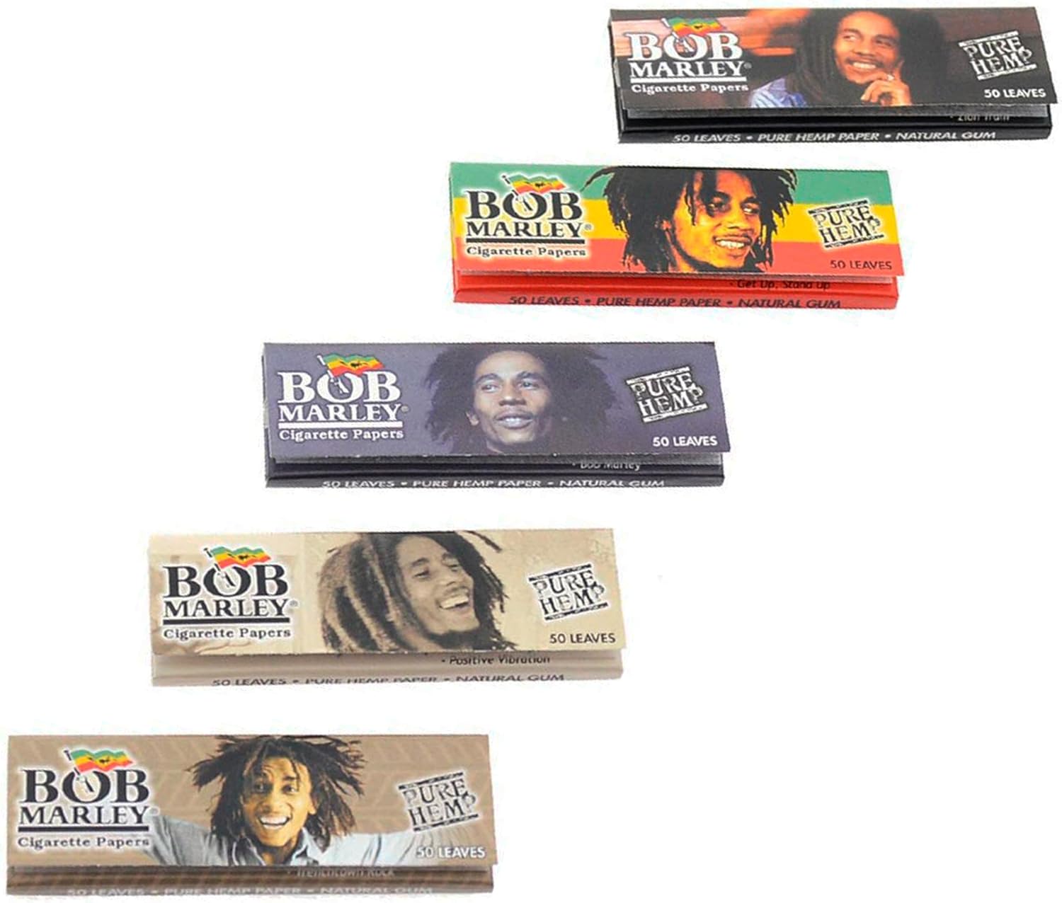 Bob Marley Rolling Paper – 1 1/4″ Medium Size (78mm) Paper – Bundle of 5 Booklets! (50 Leaves Per Book)
