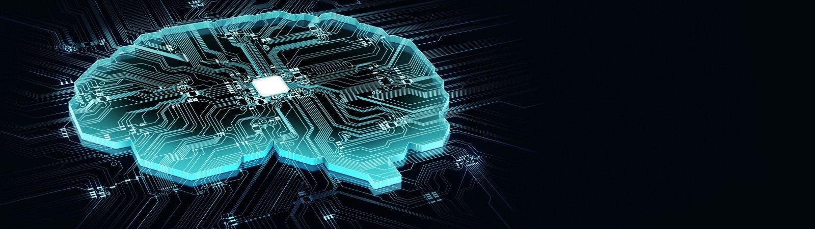 Black background with a glowing blue brain-shaped circuit board to symbolize AI technology.