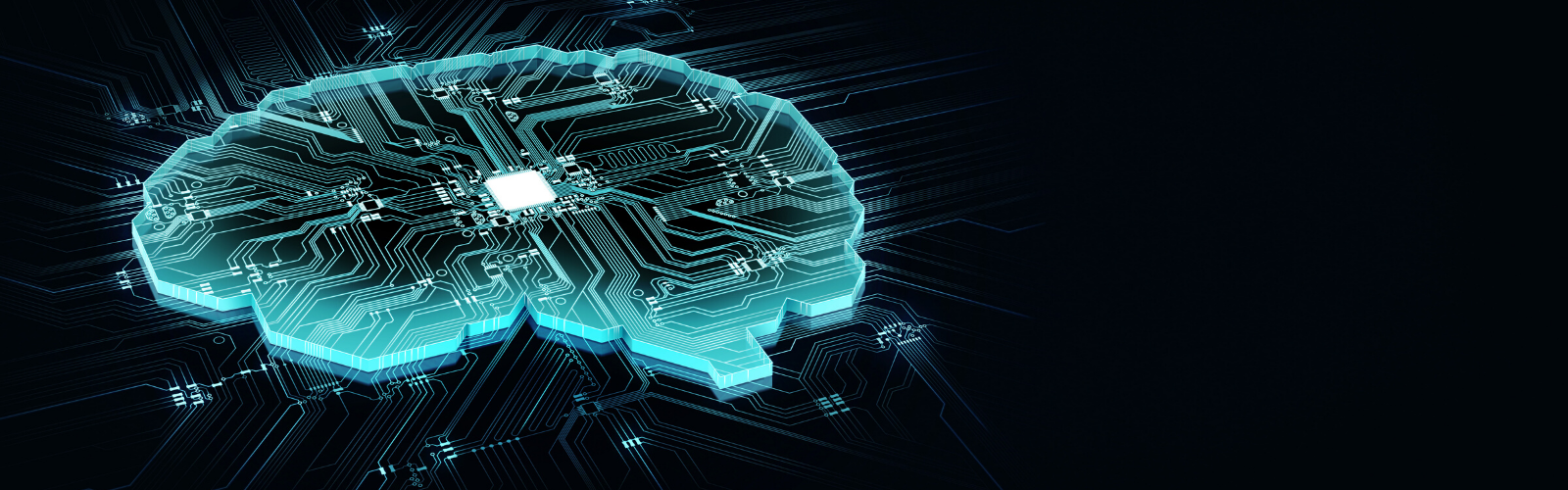 Black background with a glowing blue brain-shaped circuit board to symbolize AI technology.