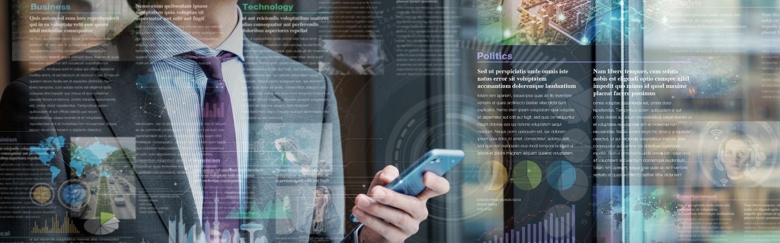 Businessman holding a smartphone by a large glass office window with supply chain media articles superimposed on top.