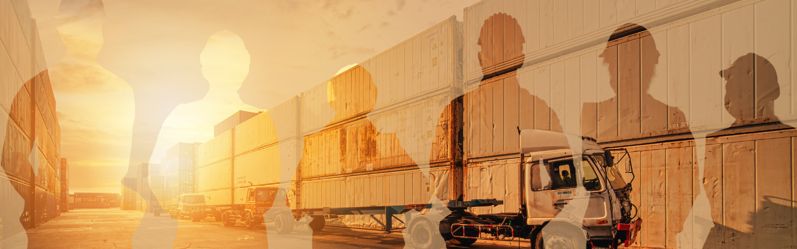 Outlines of logistics employees with a yellow sunset sky background with trucks, cargo containers, and other supply chain transportation modes.