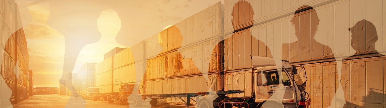 Outlines of logistics employees with a yellow sunset sky background with trucks, cargo containers, and other supply chain transportation modes.