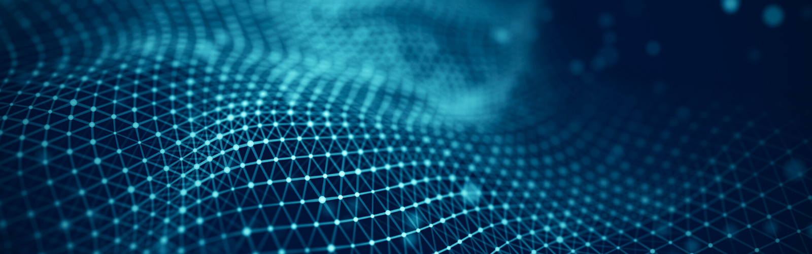 Dark blue background with a wave of light blue and turquoise data points connected by thin lines