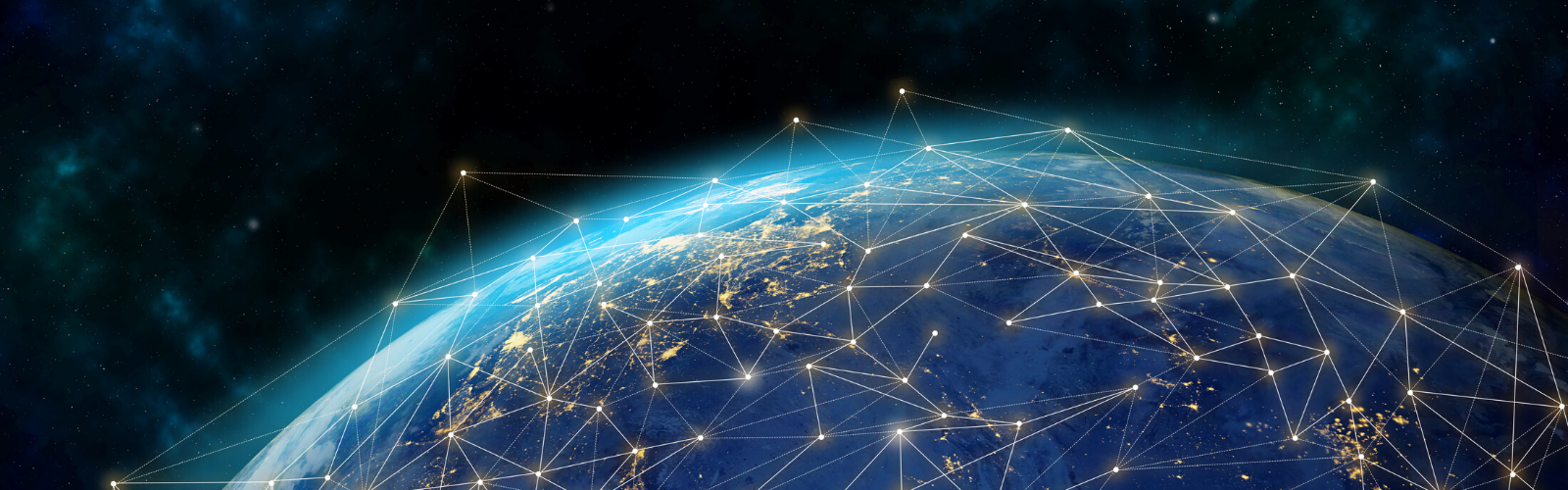 Space view of earth showing only a portion of the curve with glowing data points going around it to symbolize global supply chain data