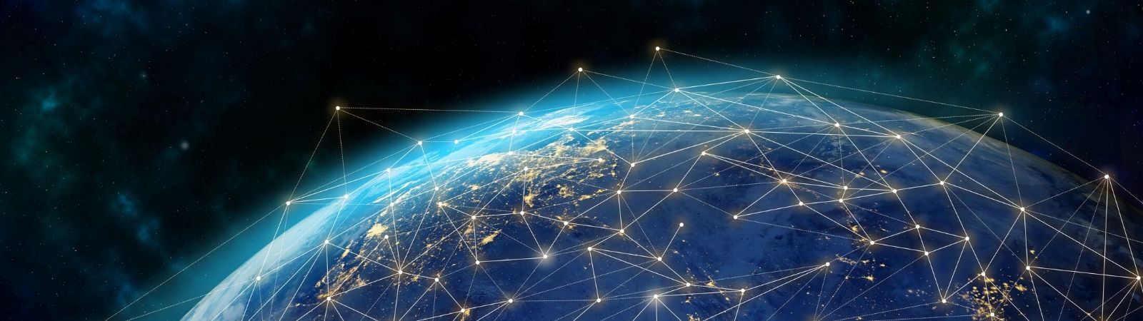 Space view of earth showing only a portion of the curve with glowing data points going around it to symbolize global supply chain data