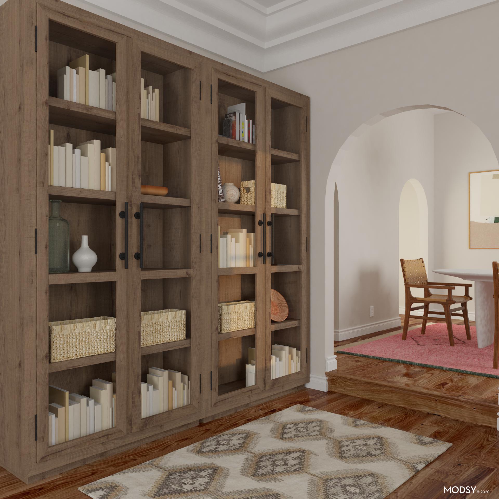 Traditional Bookcase In Raw Wood Finish Living Room Design Ideas & Photos