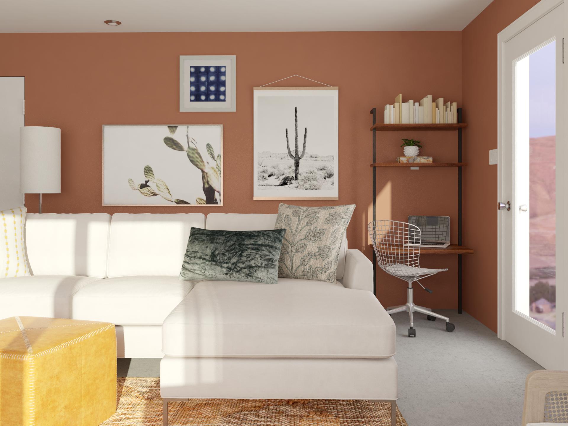 contemporary living room with striking earth tones and
