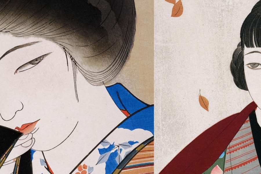 Two women from the Seven Masters word block print exhibition.