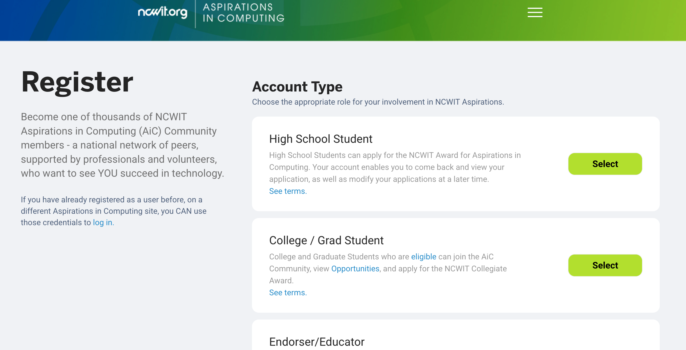 Screenshot of the register page for aspirations.org, which shows the first two choices for account types to select as a High School Student account and then a College / Grad Student account.