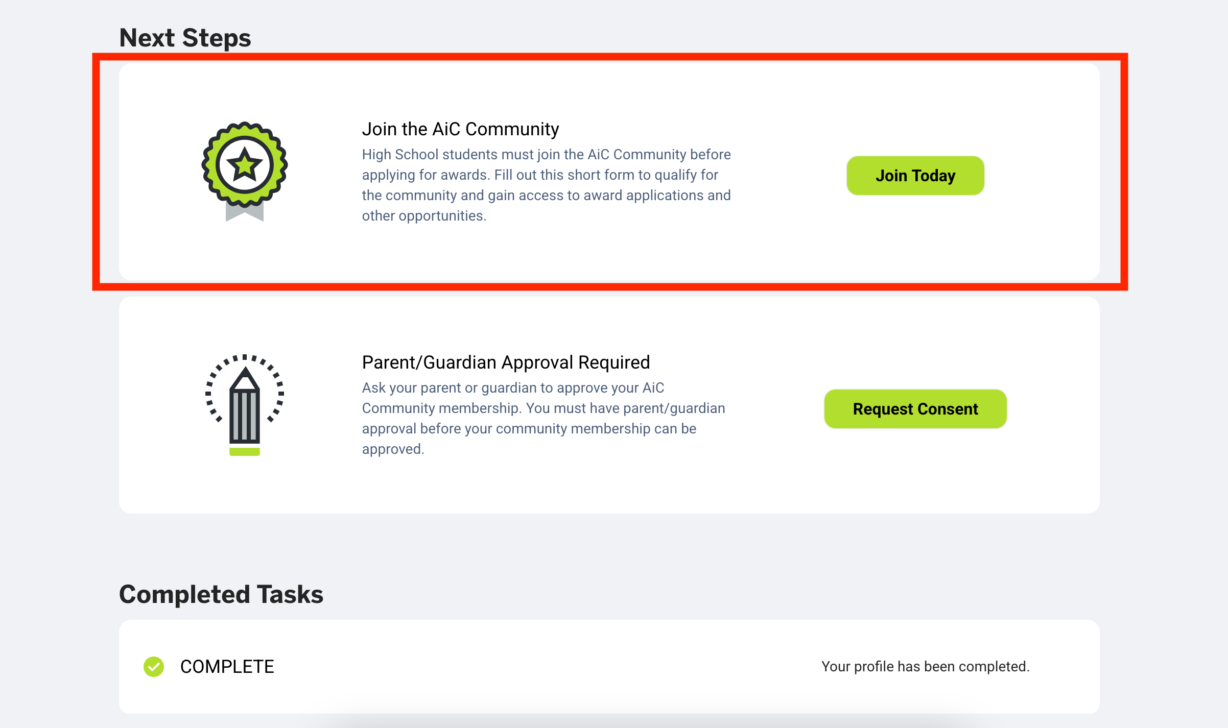 Screenshot of the Next Steps portion of the dashboard with the Join the Community portion outlined with a red rectangle.