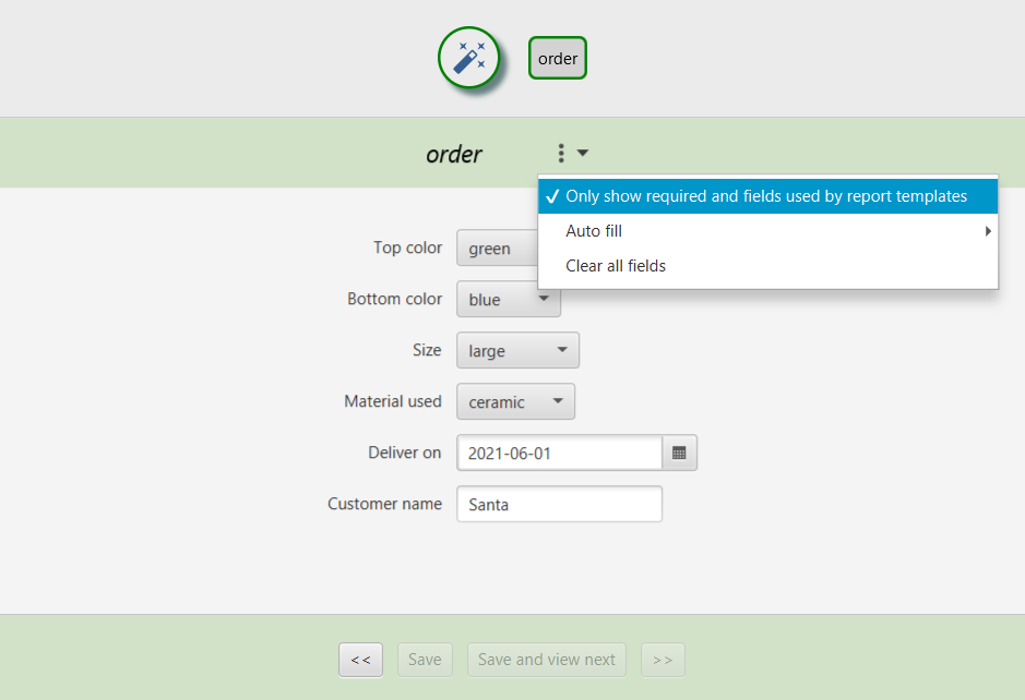 Data entry form showing required and used fields filter menu