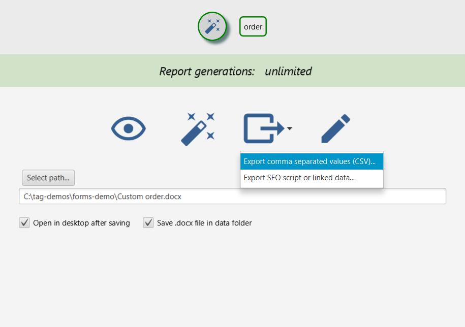 CSV export menu on the Forms Generate page