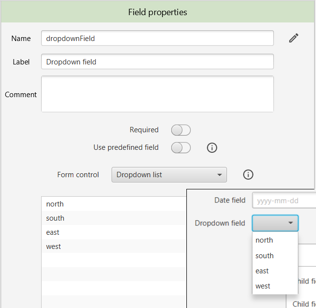 Drop down list values and form preview (inlayed)