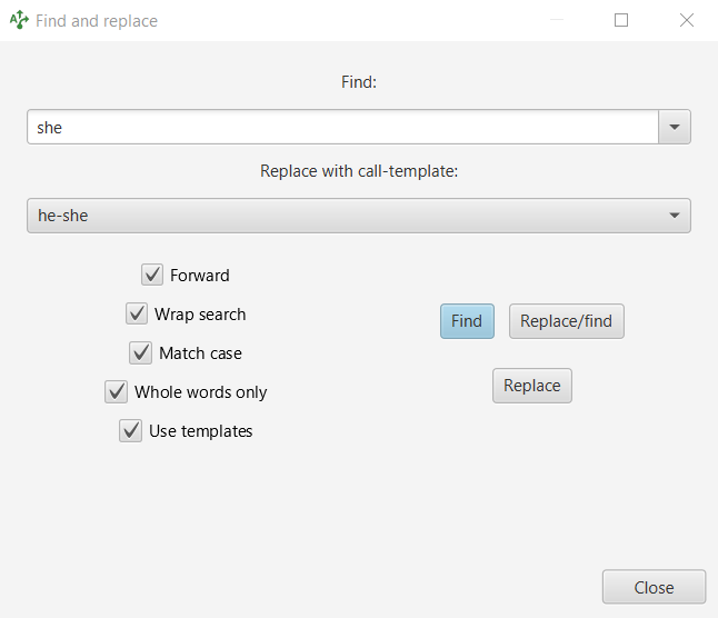 Find/replace dialog that replaces 'she' with a call to the he-she template