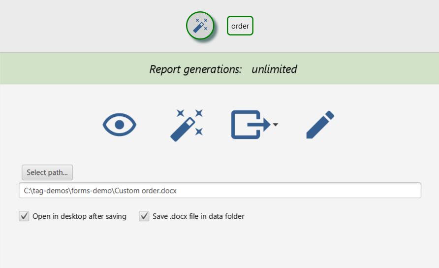 Generation page with icons to preview, generate and export data